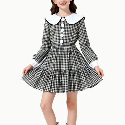retro-style-large-lapel-plaid-waisted-long-sleeved-girls-dress