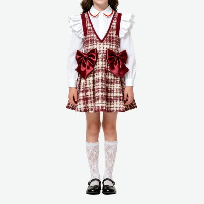 fashionable-plaid-large-bow-decorated-long-sleeved-girls-dress
